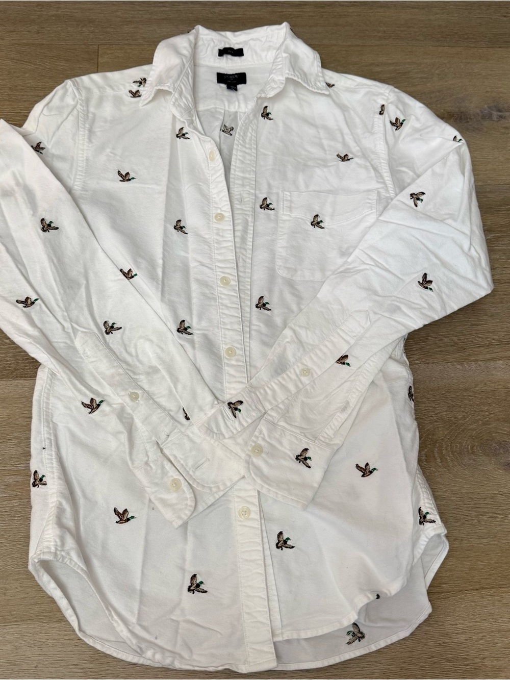 J Crew White Button-Down Shirt with Small Embroidered Ducks